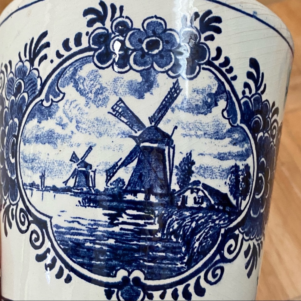 Vintage DELFT Blue Delft Blauw Holland Pottery Windmill 5” Blue & White Planter - Picture 11 of 14